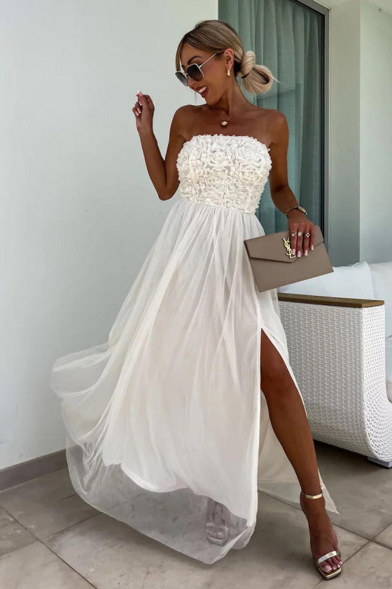 Dames Maxi Jurk – Strapless – Textuur Buste – Split – Luchtige Elegante Pasvorm
