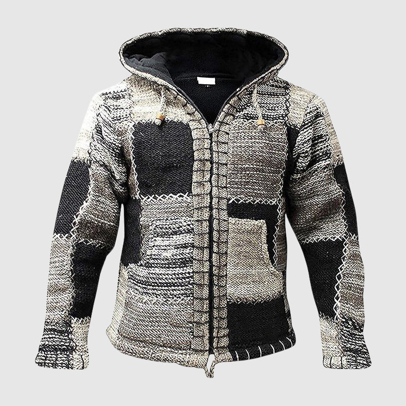 Heren Hoodie – Relaxed Fit – Wolmix – Gebreid Textuur – Ritssluiting – Boho Stijl