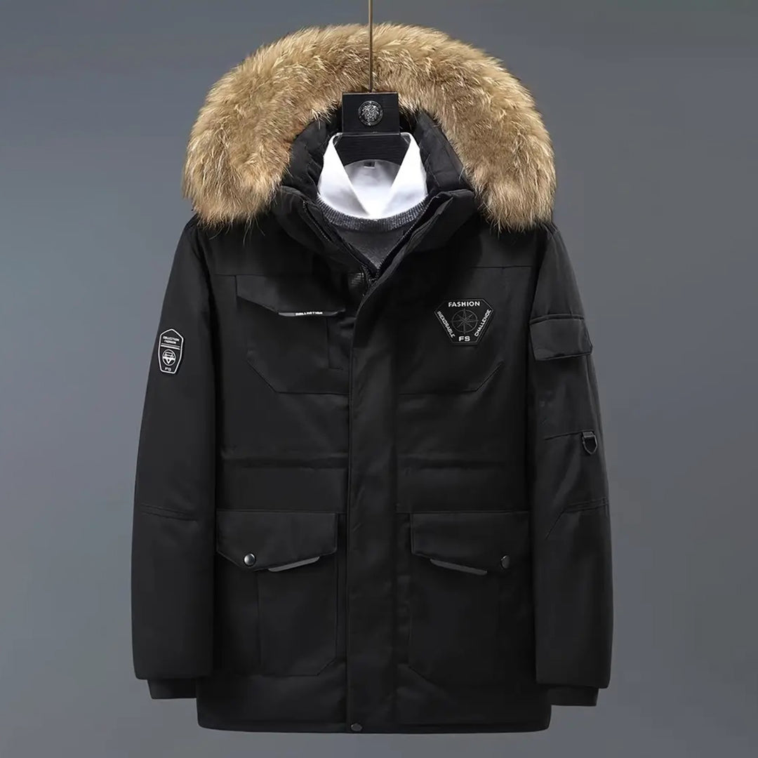 Heren Parka Jas – Winddicht – Afneembare Capuchon – Imitatiebont – Ribboorden