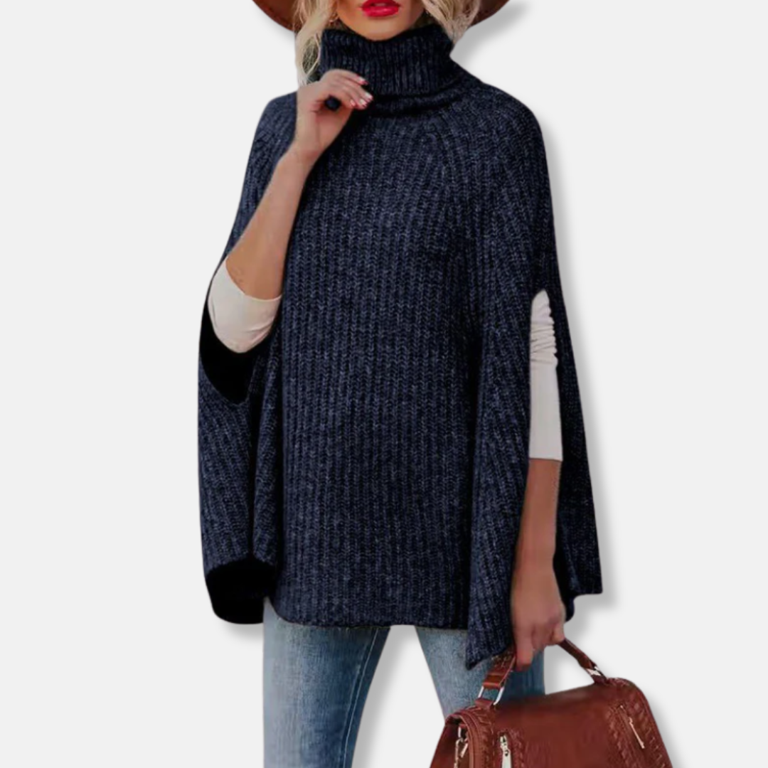 Damer Cape Tröja – Rymlig Passform – Hög Krage – Ribbstickad – Ullmix