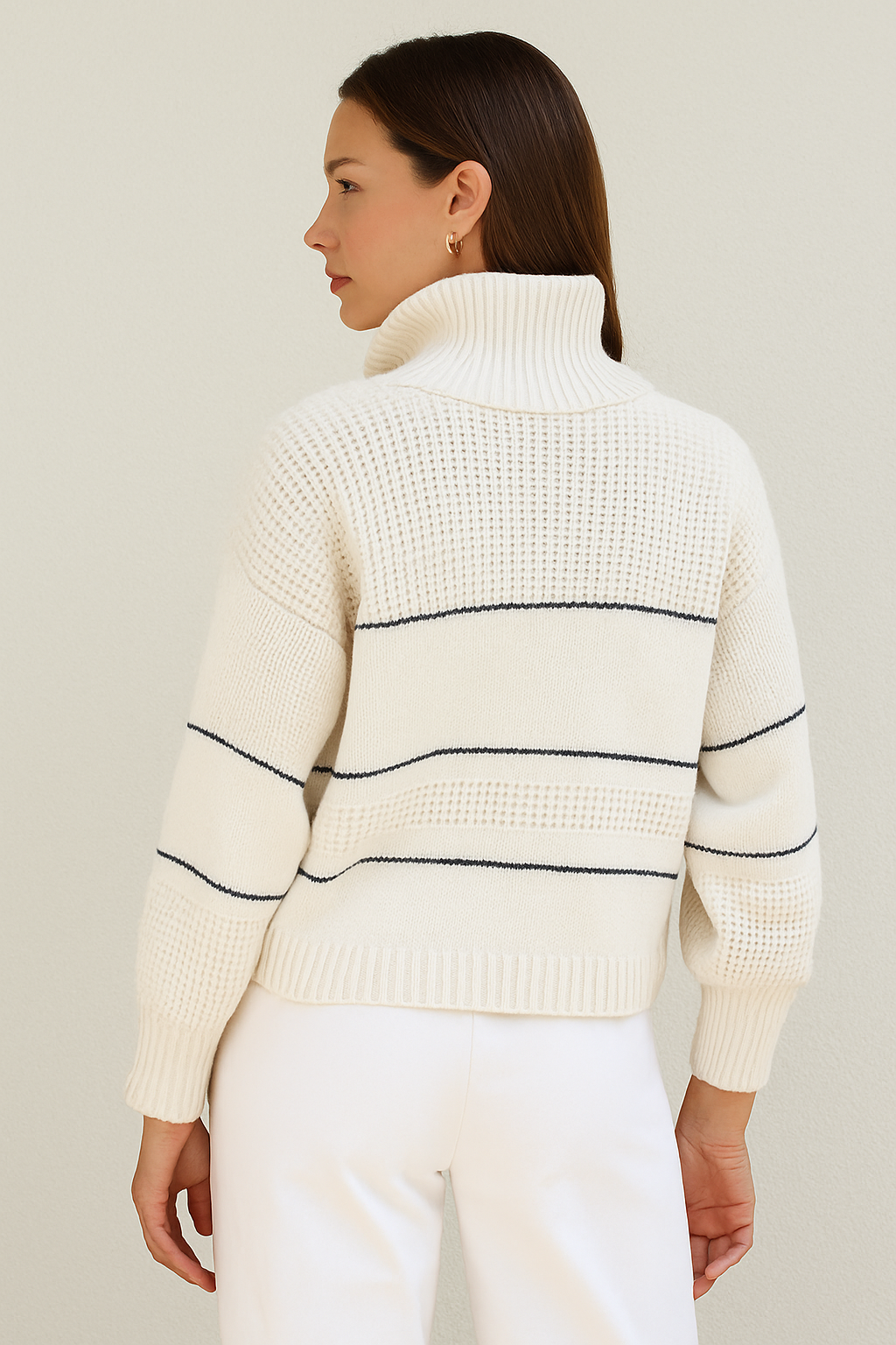 Dames Pullover – Relaxte Pasvorm – Wol Look – Knoopkraag – Geribde Boorden