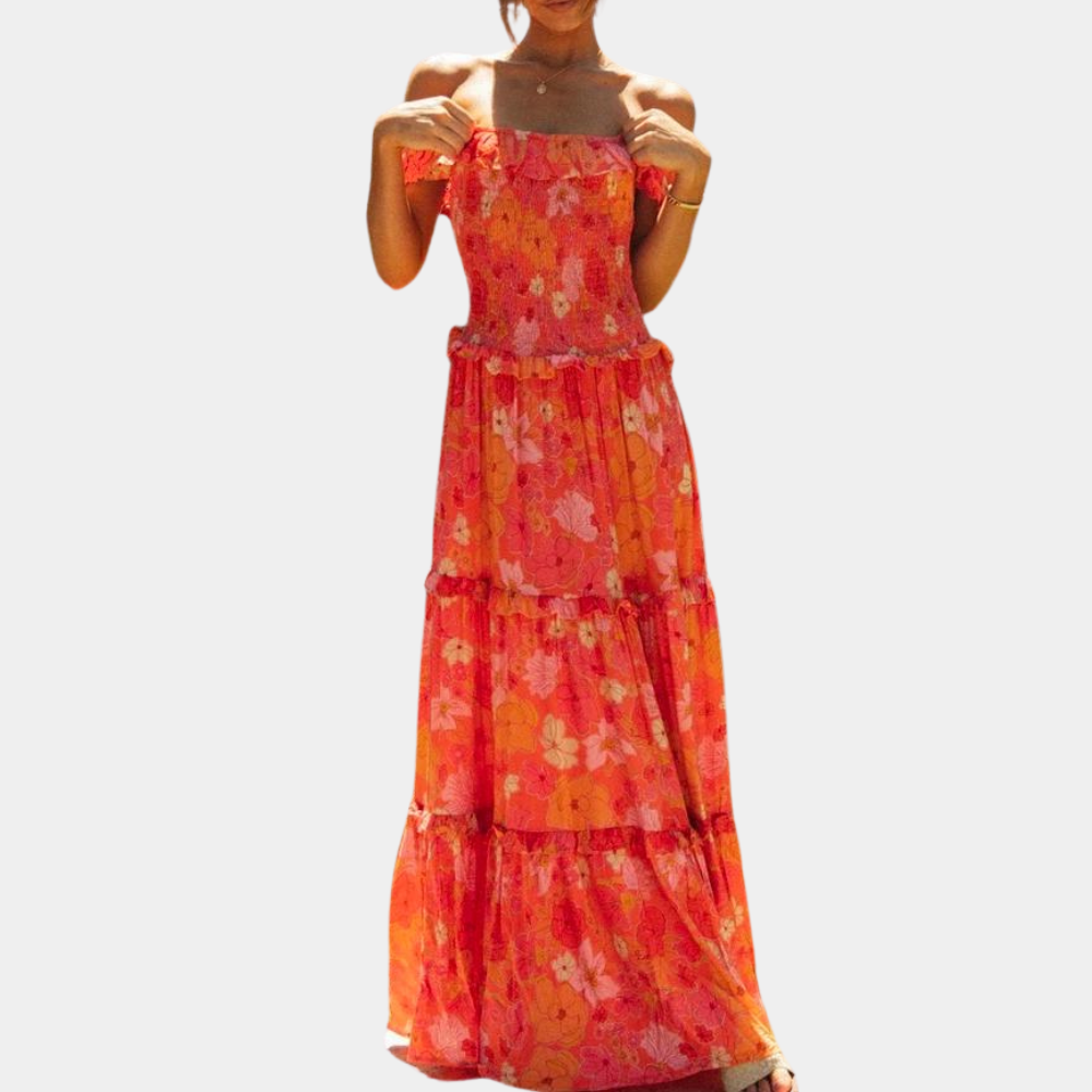Dames Maxi Jurk – Off-Shoulder – Bloemenprint – Ruches – Katoenmix – Boho Stijl