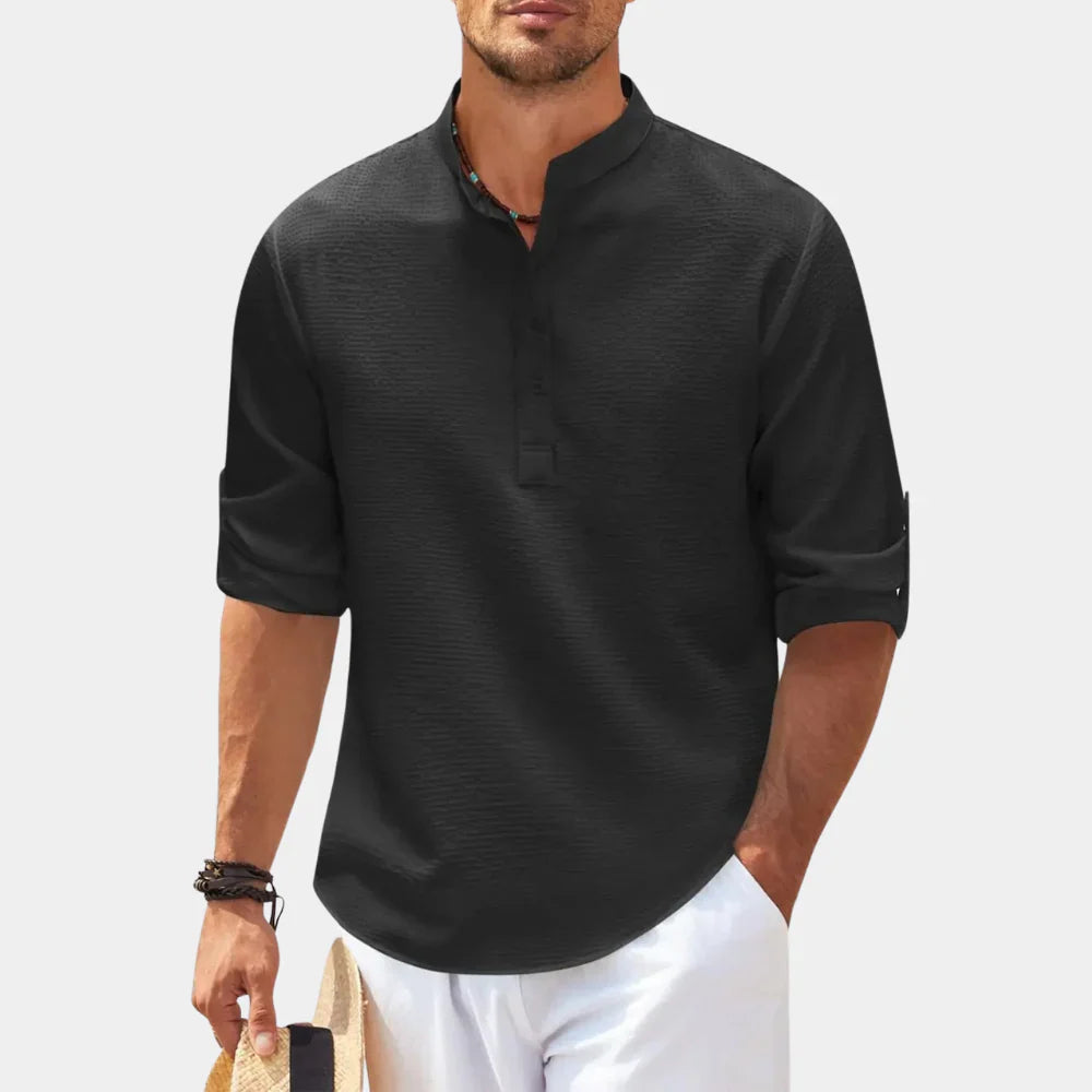 Heren casual overhemd – Relaxed fit – Mandarin kraag – Ademend natuurlijk materiaal