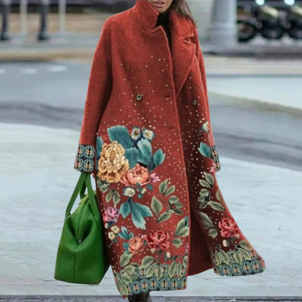 Damkappa – Oversized Passform – Ullmix – Abstrakt Mönster – Full Längd – Knappar