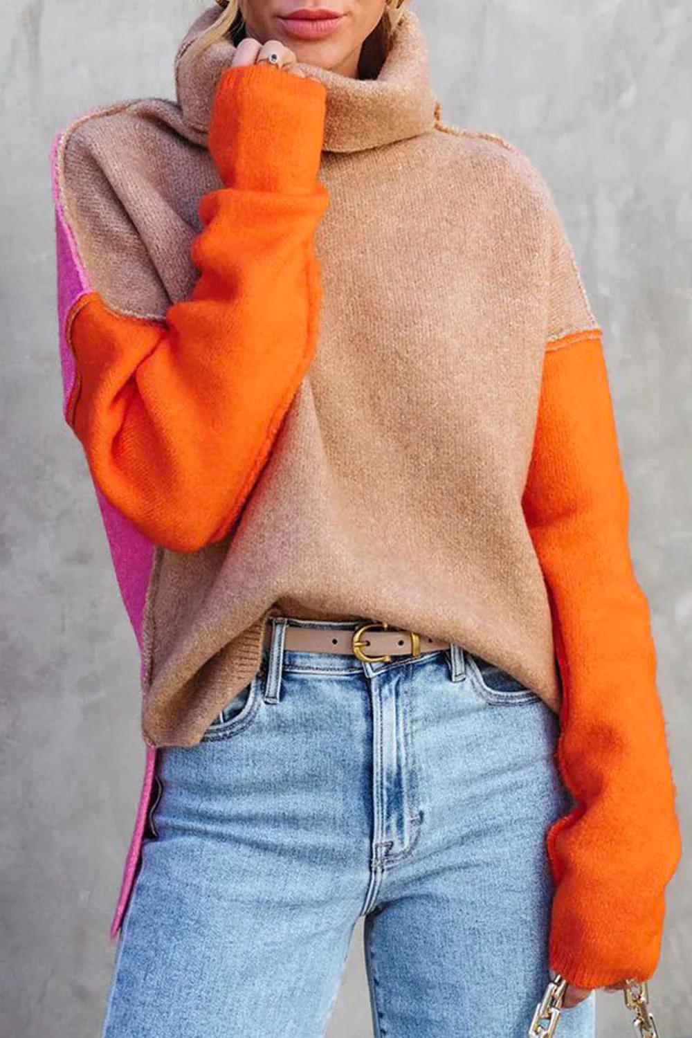 Dames Turtleneck Trui – Wol – Relaxed Fit – Colorblock – Casual Stijl