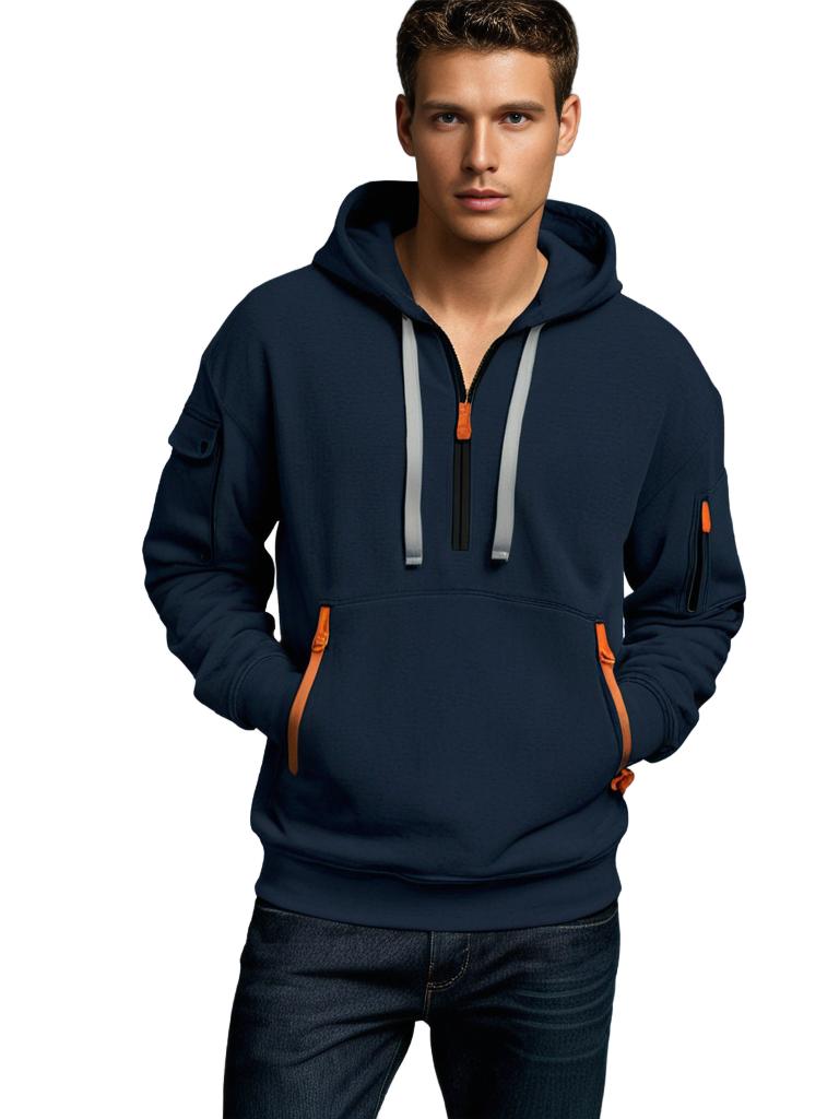 Heren Hoodie – Relaxed Fit – Ademend Katoen – Half Zip – Functionele Ritszakken