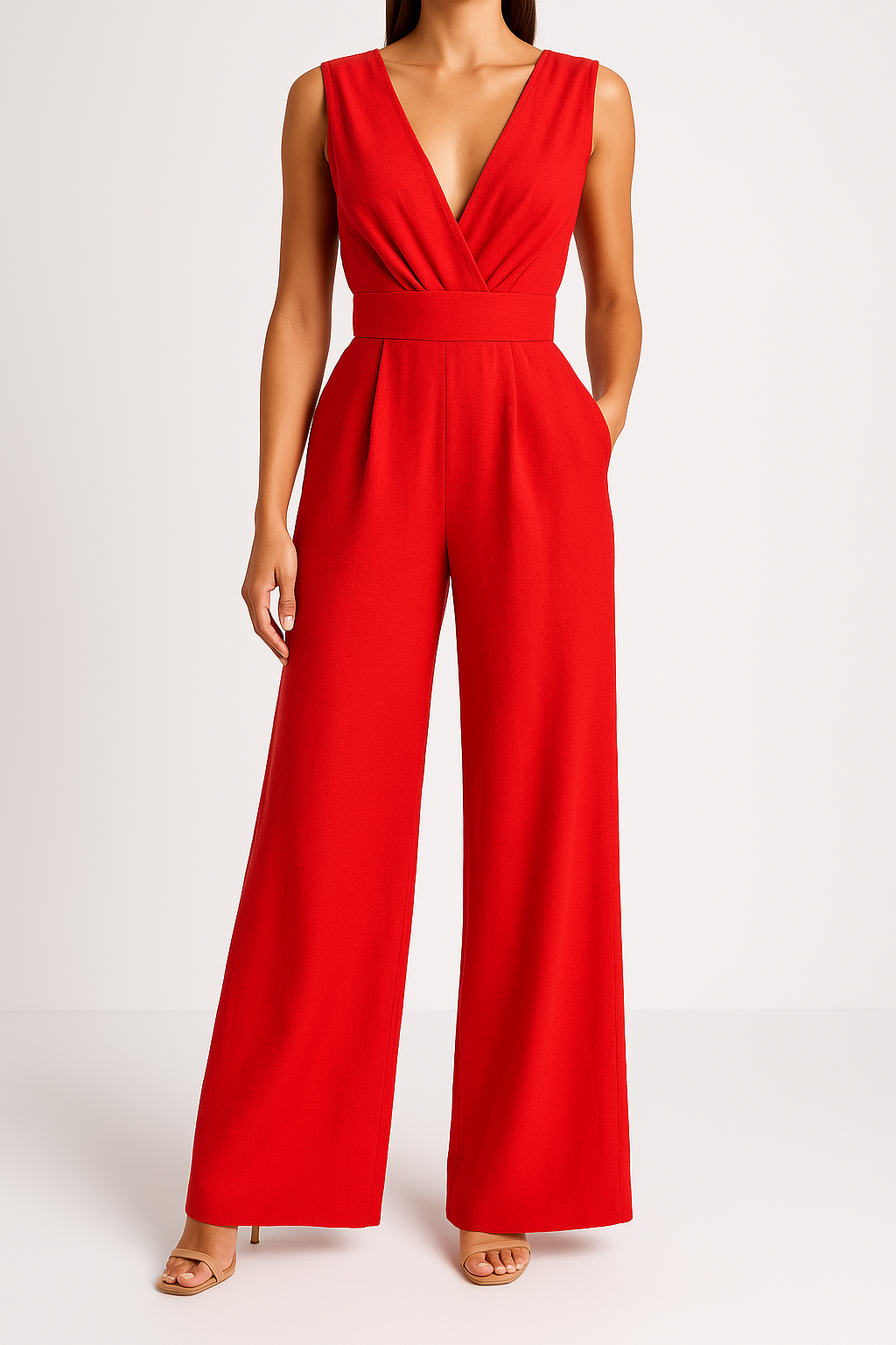 Dames Jumpsuit – Slank model – Hoge Taille – Mouwloos V-Hals – Wijde Pijpen