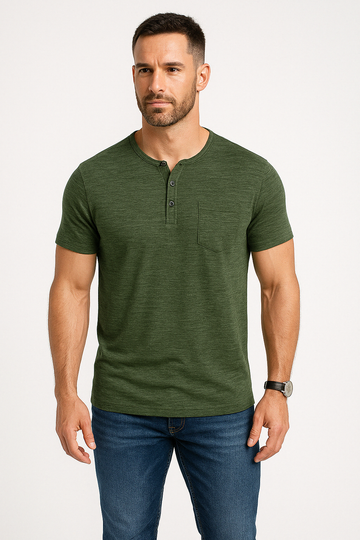 Heren T-shirt – Slim Fit – Henley Kraag – Katoenmix – Korte Mouwen – Borstzak