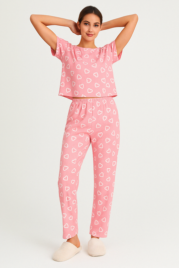 Dames Loungewear Set – Zachte Katoen – Relaxte Pasvorm – Korte Mouw Top en Lange Broek