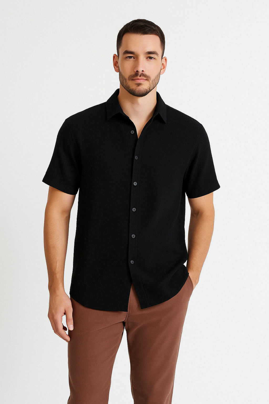 Herr Skjorta Kort Ärm – Bomullsmix – Regular Passform – Textur – Knappstängning