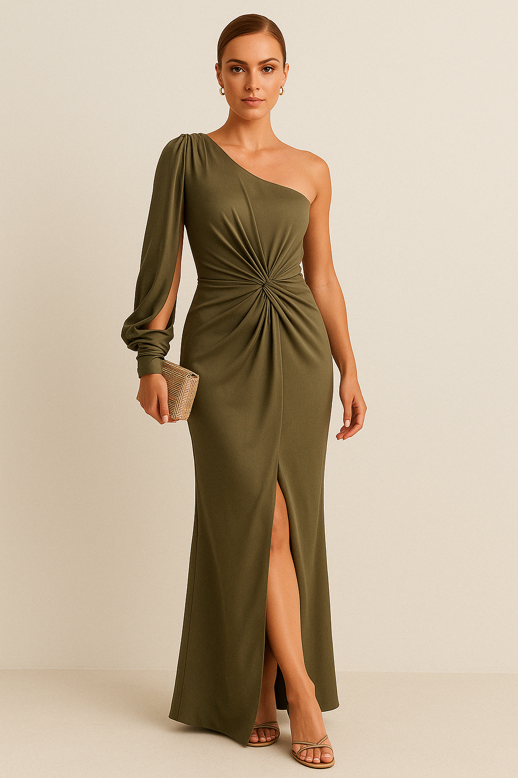 Dames Maxi Jurk – Satijnlook – One-Shoulder – Getailleerd – Hoge Split – Taille Twist