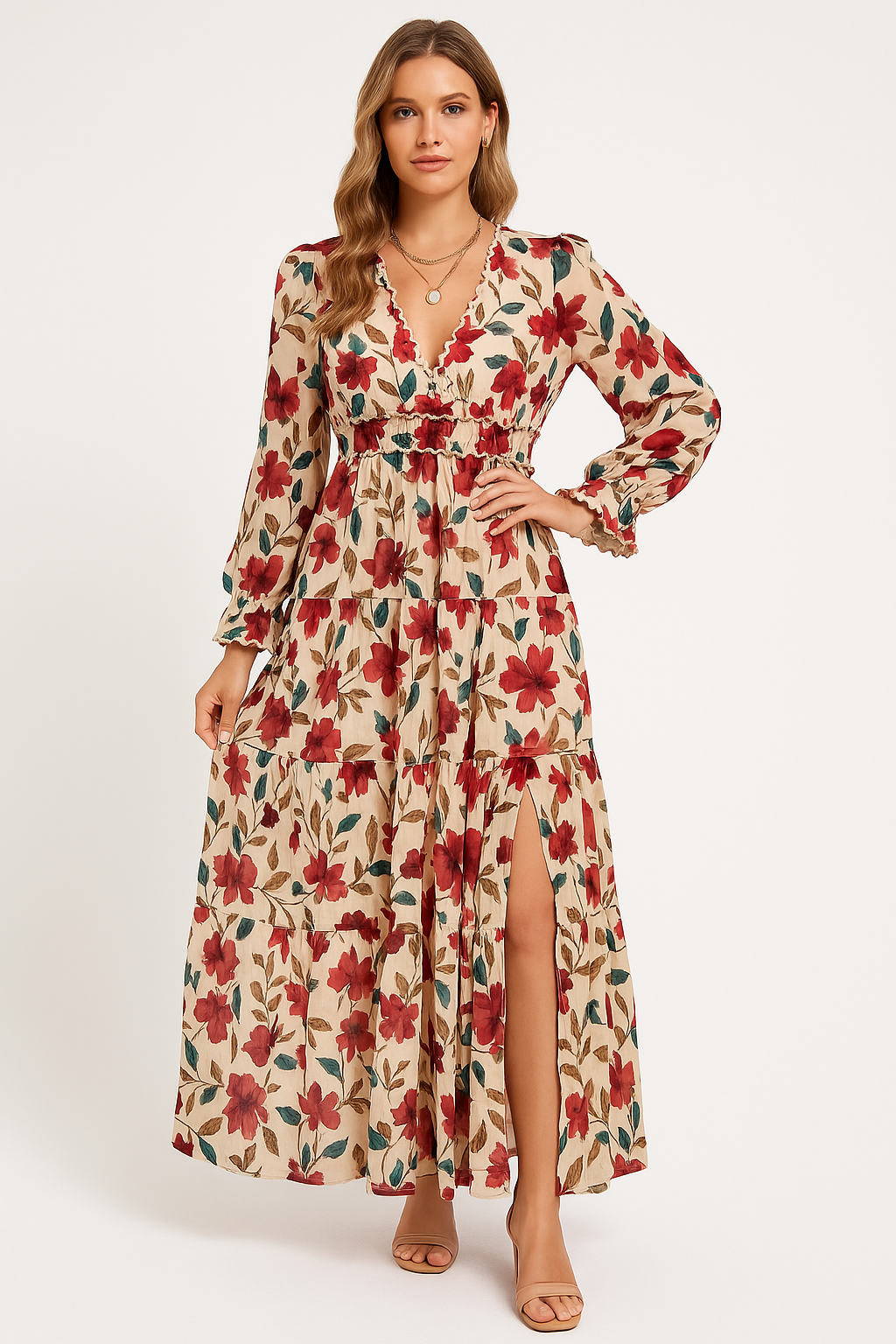 Dames Maxi Jurk – Chiffon – Bohemian Pasvorm – V-Hals – Lange Mouw – Bloemenprint