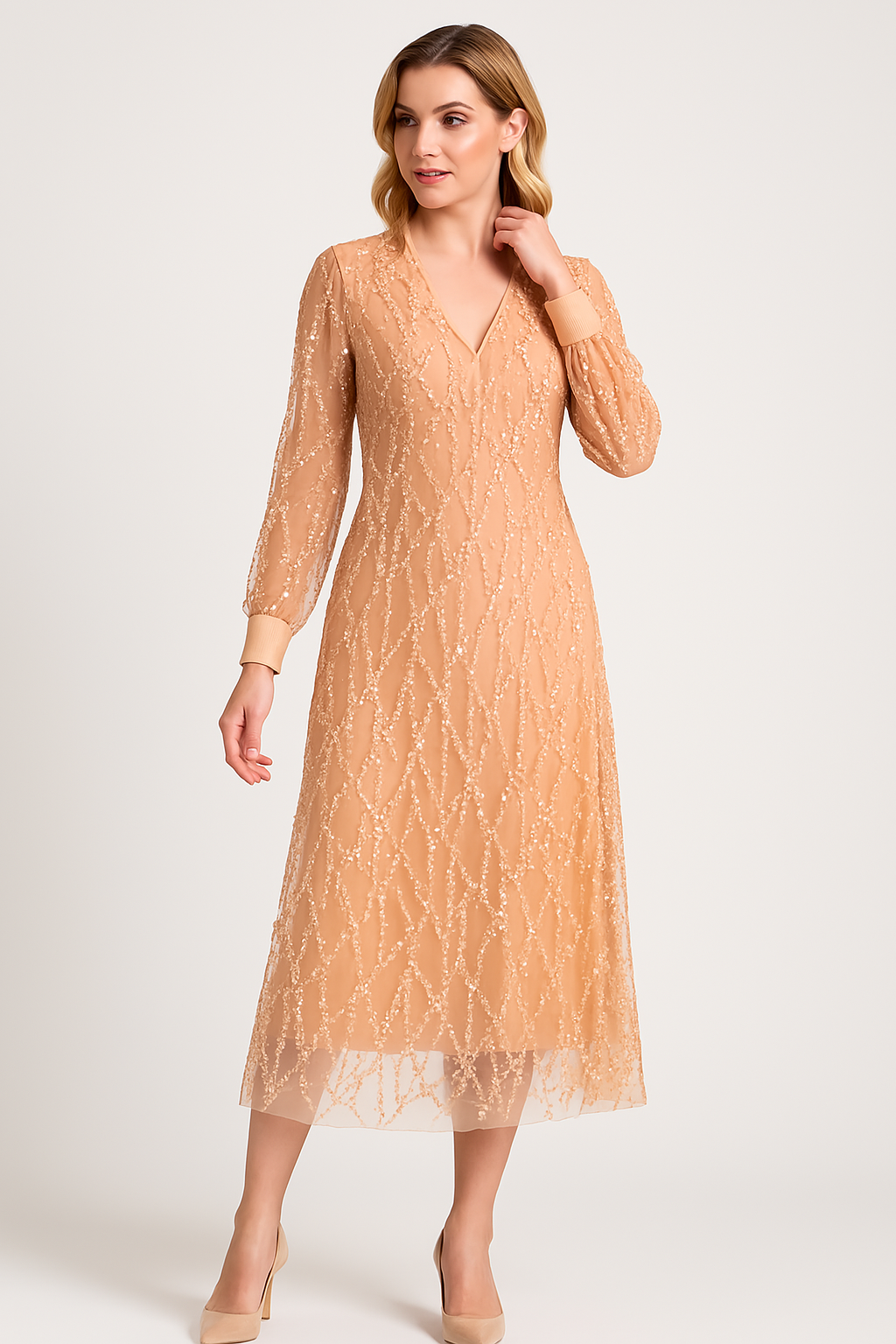 Dames Avondjurk – Lange Mouwen – V-Hals – Pailletten met Fringe – Maxi Elegante Pasvorm