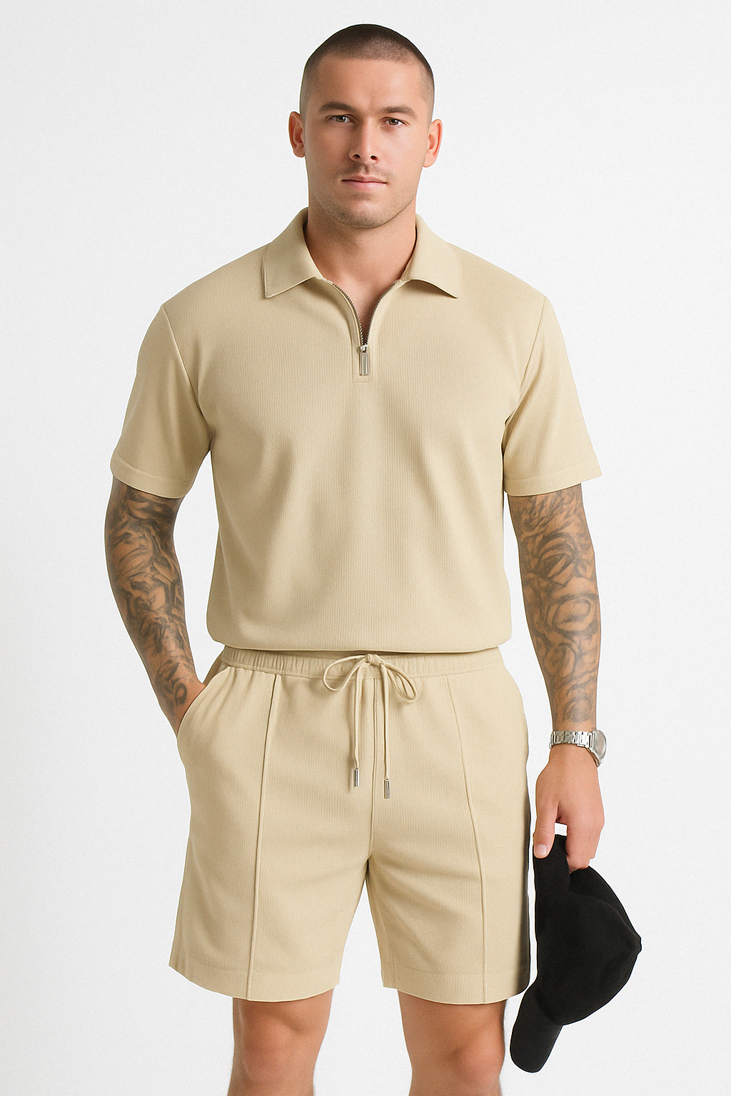 Heren Set Polo en Shorts – Relaxed Fit – Zipperkraag – Trekkoord Taille – Ademend Katoen