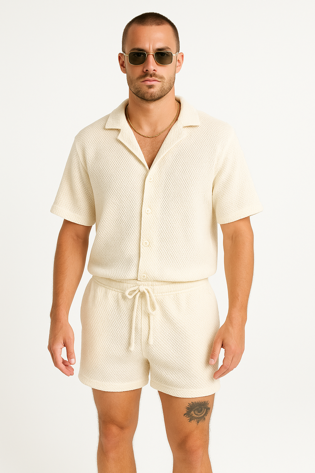 Heren Set – Casual Outfit – Relaxed Fit – Textuurstof – Knoopshirt en Shorts