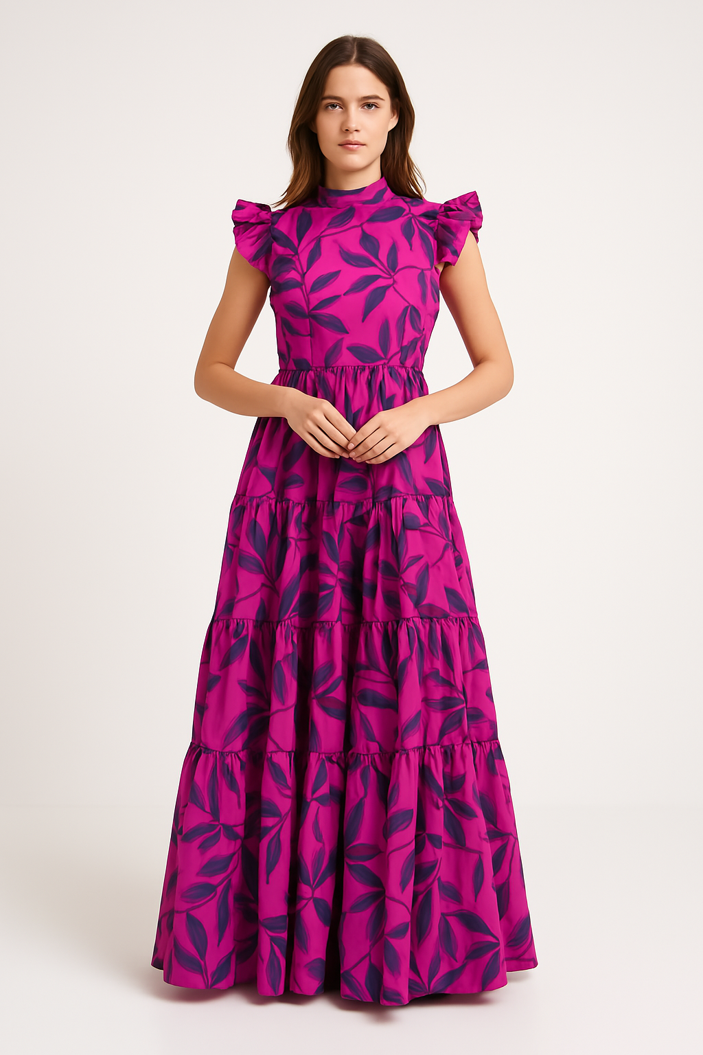 Dames Maxi Jurk – Fit en Flare Pasvorm – Ruches Mouwen – Gelaagde Rok – Print