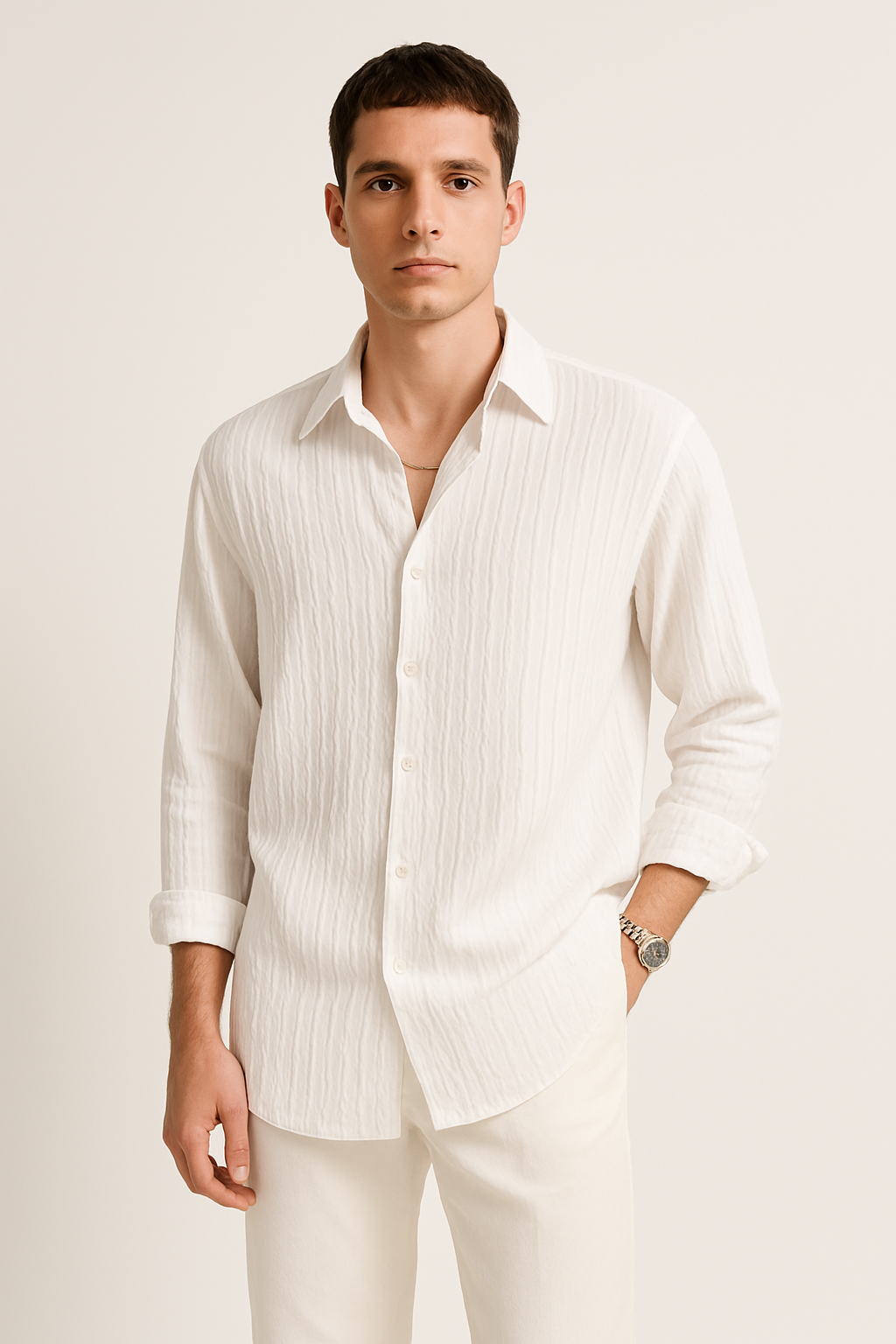 Unisex Lange Mouwen Shirt – Oversized Fit – Crinkle Textuur – Casual Knoopsluiting