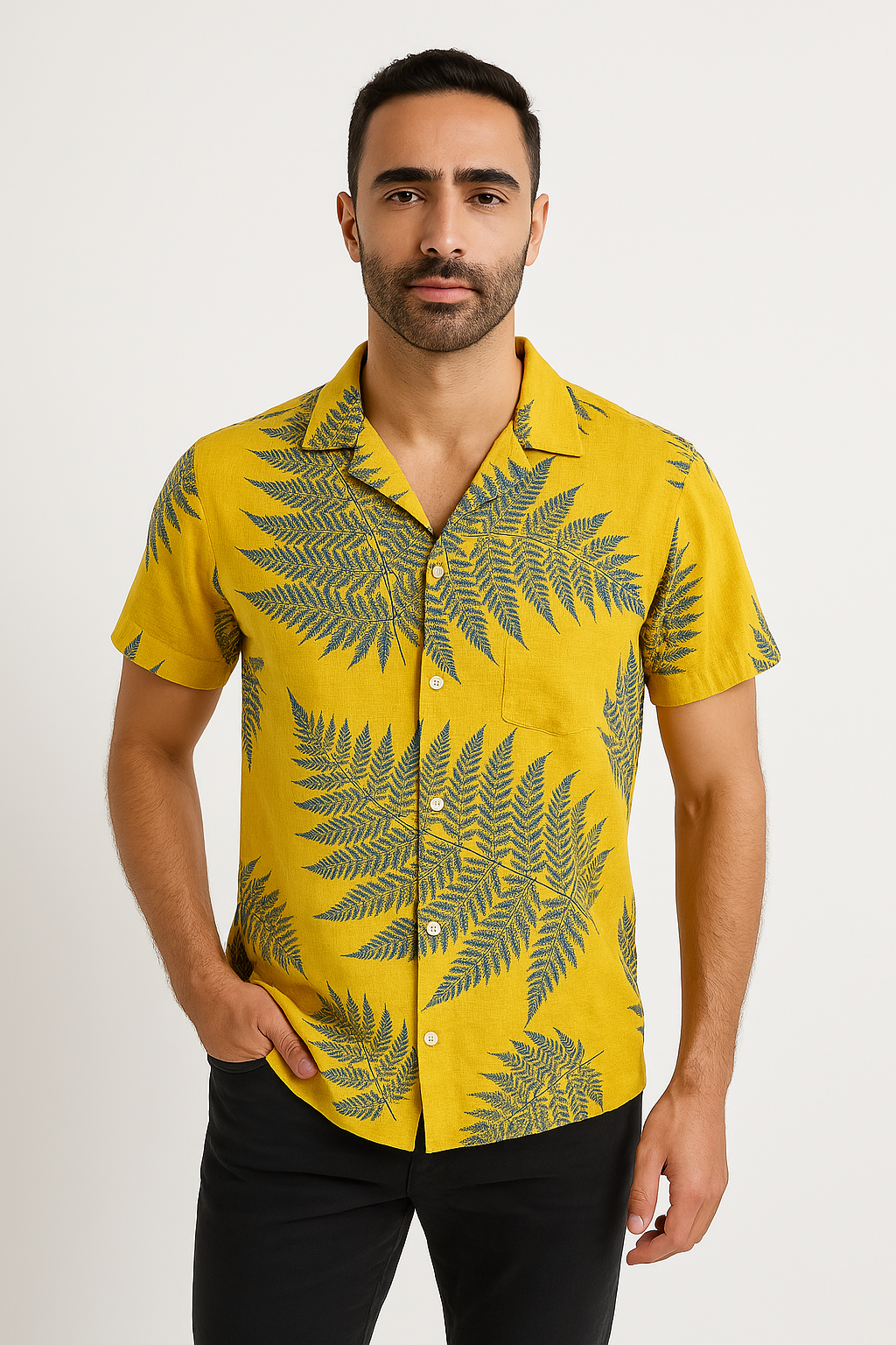 Herrskjorta Kort Ärm – Relaxad Passform – Bladmönster – Andningsaktivt Naturmaterial