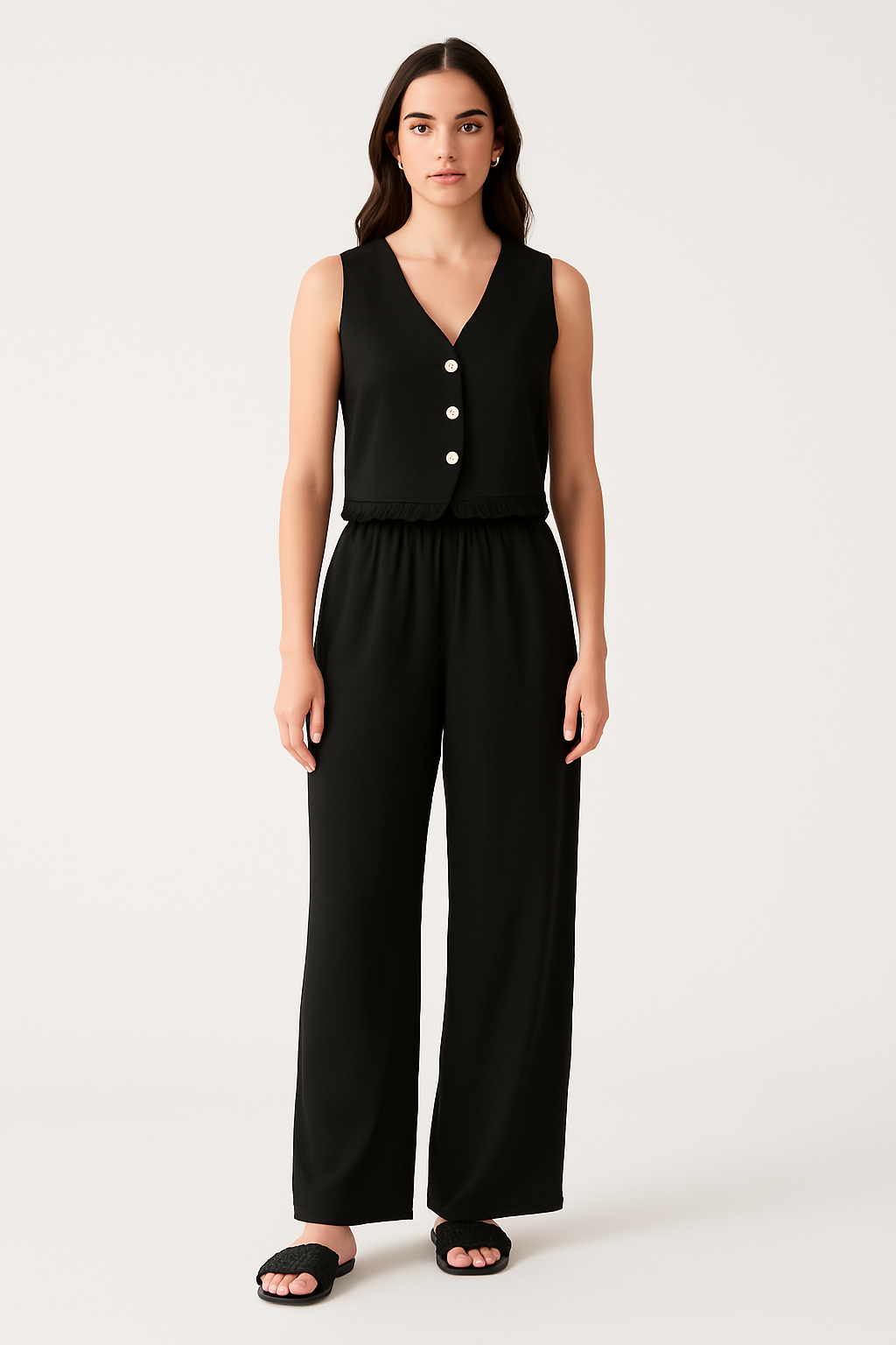 Damset Med Väst Och Vida Byxor – Figursydd Passform – Spetsdetalj – Luftigt Tyg