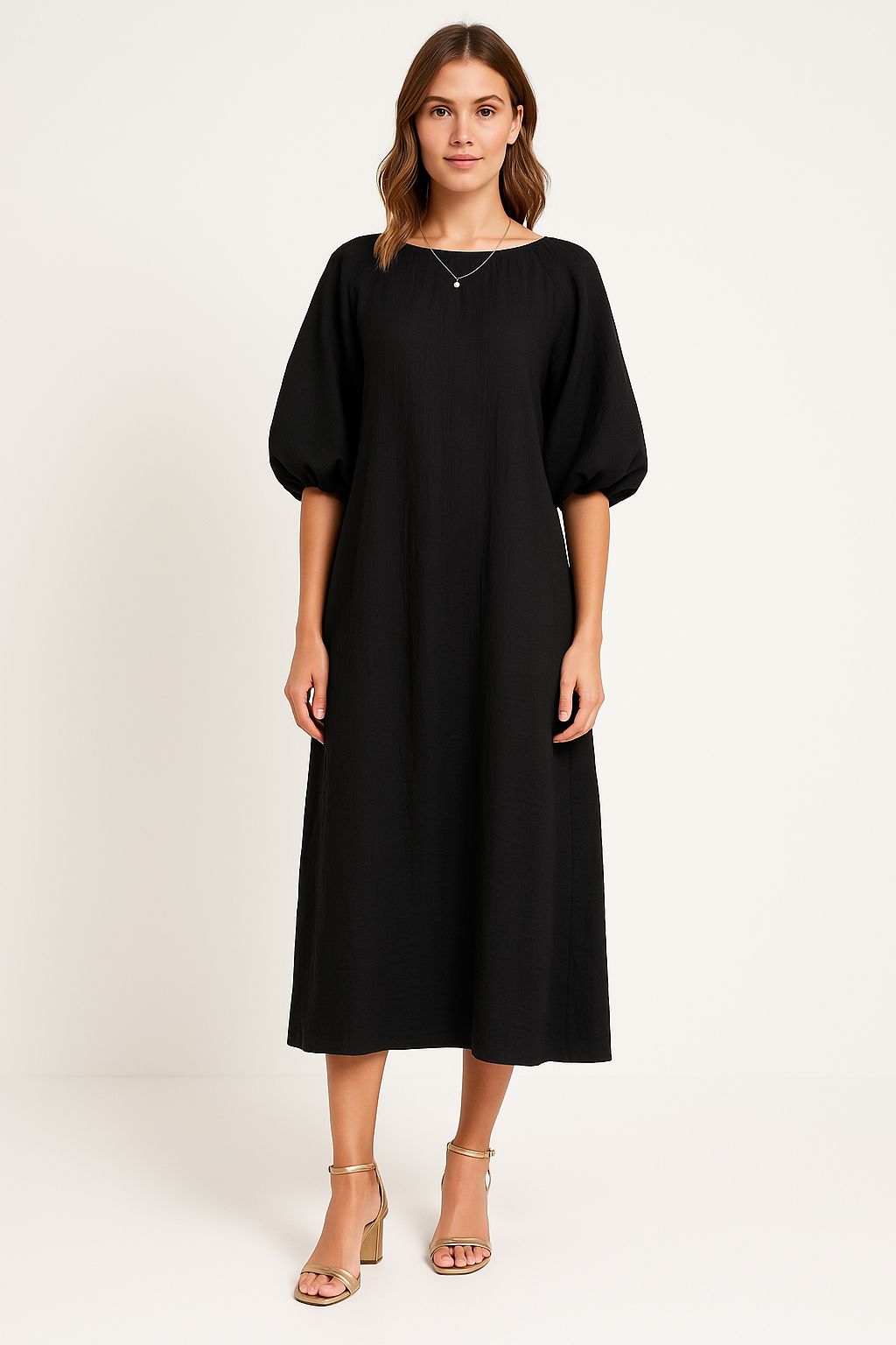 Dames Midi Jurk – Losse Pasvorm – Puff Mouwen – Ronde Hals – Ademend Textiel