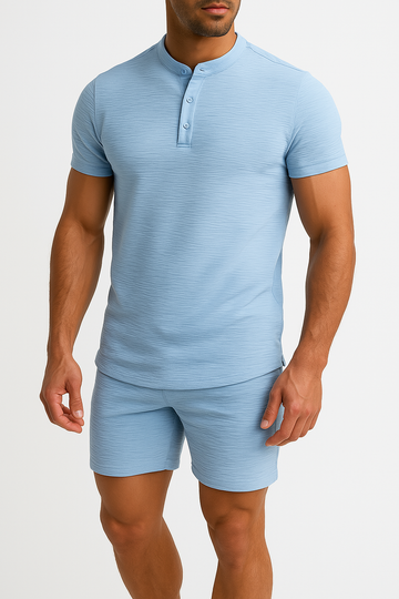 Heren Set – Katoen Linnen – Henley Shirt Slim Fit & Relaxte Korte Broek