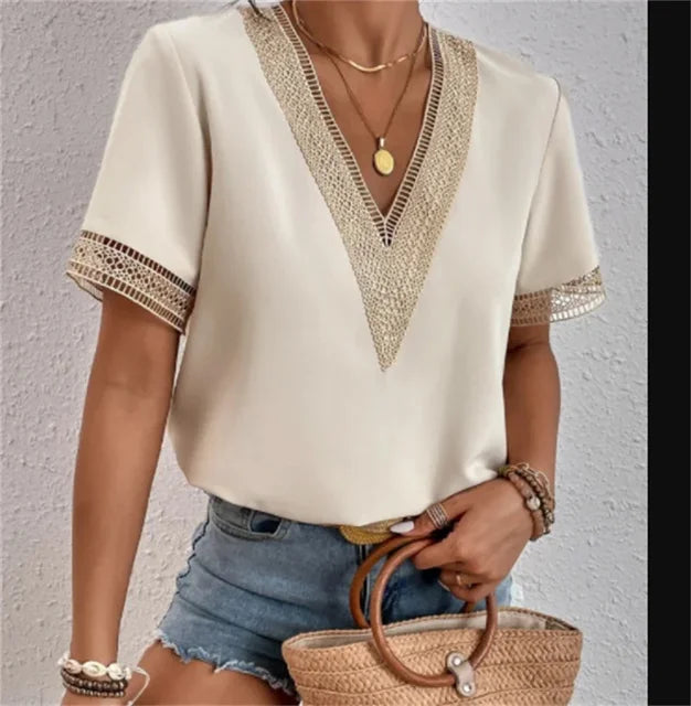 Dames Blouse - V-hals met Kant - Korte Mouwen - Losvallend en Elegant
