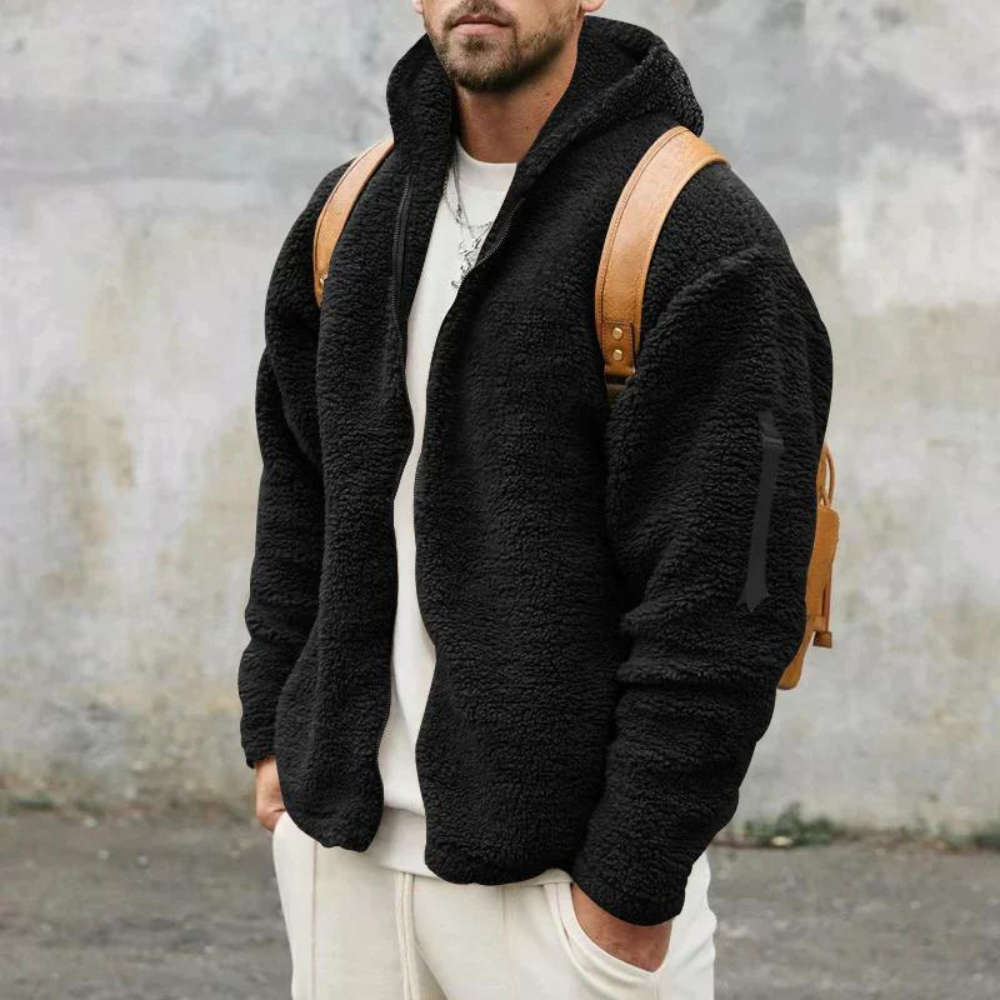 Heren Hoodie met Rits – Sherpa Fleece – Relaxed Fit – Ribboorden – Casual Look