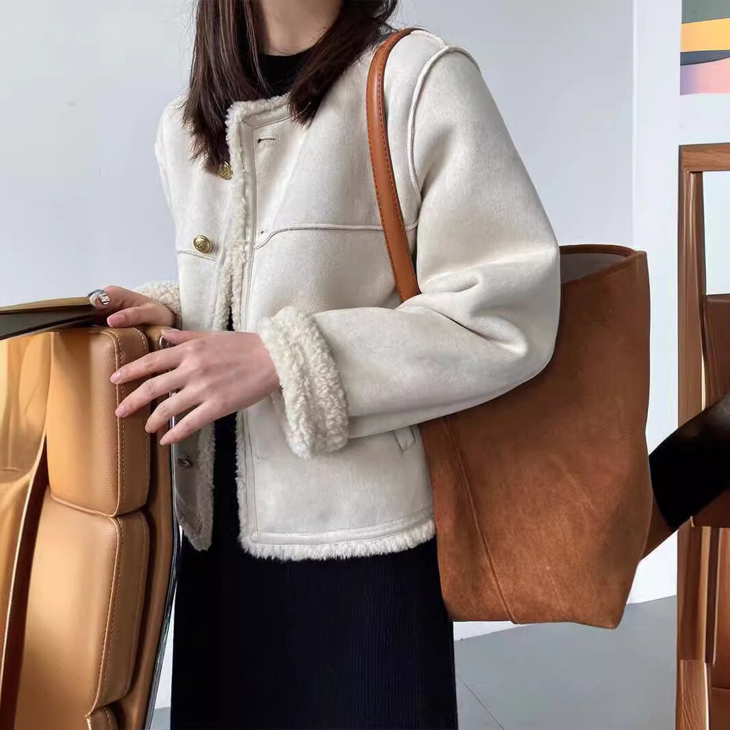 Damer Sherpa Jacka – Mockaliknande – Boxig Passform – Mjukt Foder – Metall Knappar