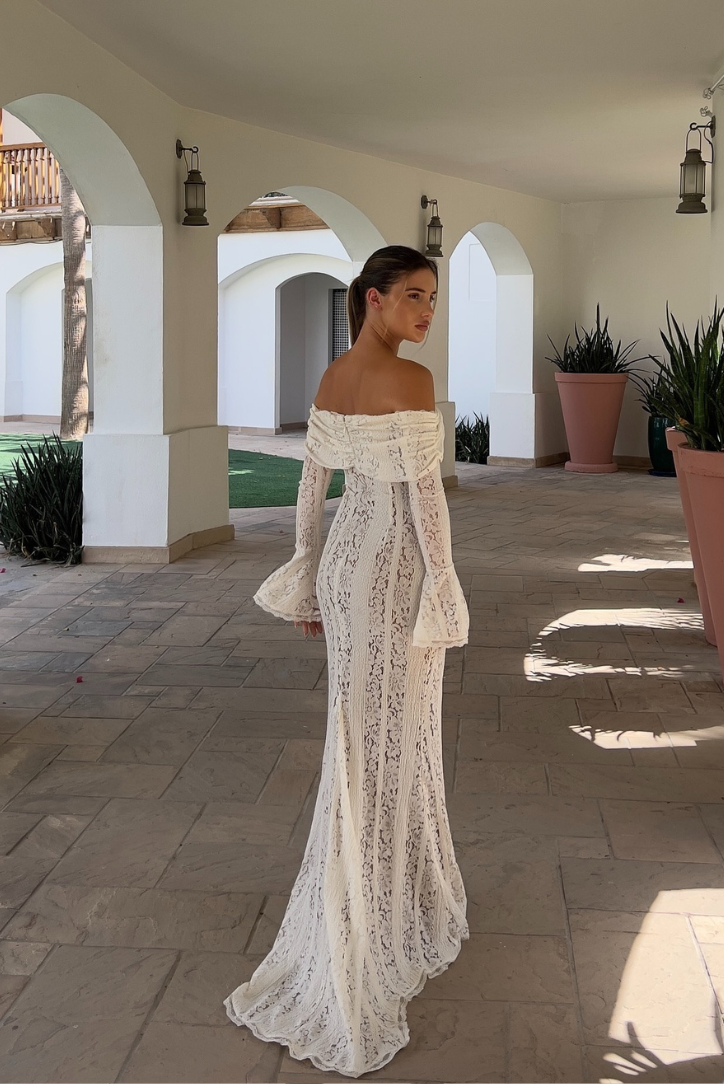 Dames maxi-jurk – Elegante pasvorm – Kant – Off shoulder – Lange mouwen