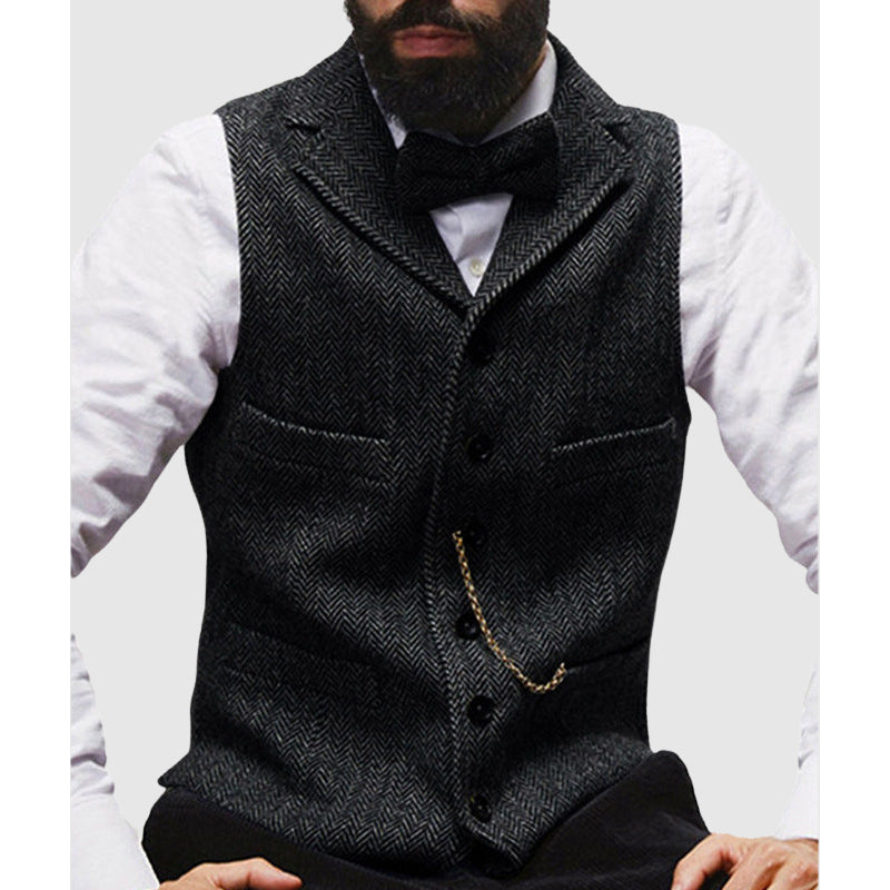Heren Gilet – Tailored Fit – Wol Look – Haringgraat – Formeel met Revers en Keten