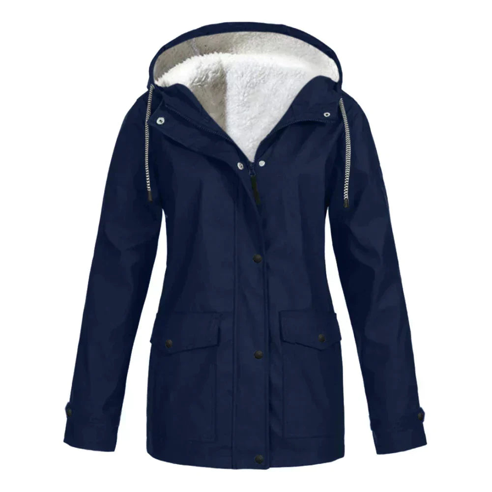 Dames Regenjas – Waterafstotend – Fleece Gevoerd – Relaxed Fit – Middellang – Met Capuchon