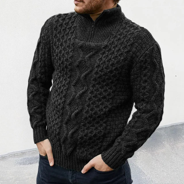 Heren Trui – Wolmix – Regular Fit – Half-Zip – Kabelgebreid Ribboord Design