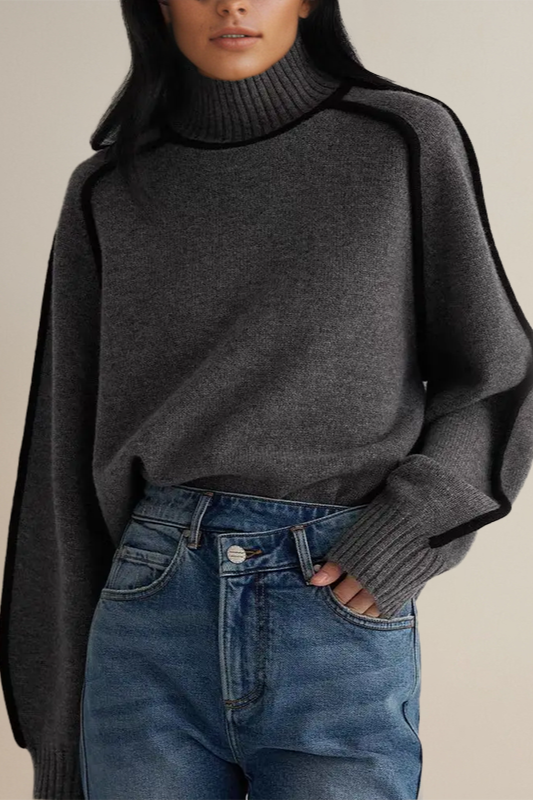 Dames Turtleneck Trui – Relaxed Fit – Zacht Gebreid – Ribboorden – Contrastnaden