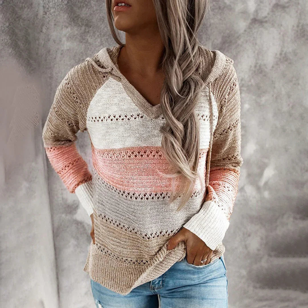 Dames Trui Top – Relaxed Fit – Gebreide Katoen – V-Hals – Textuur en Strepen
