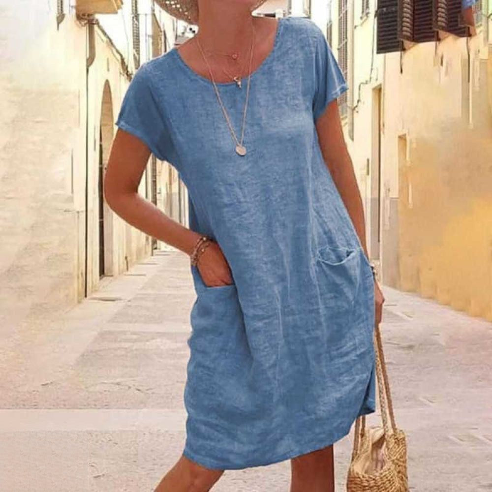 Dames Jurk – Natuurlijke Stoffen – Relaxed Fit – Korte Mouw – Kniehoog – Casual