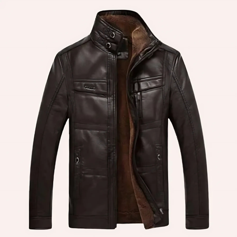 Heren Jas - Leer - Slim Fit - Staande Kraag - Heuplengte