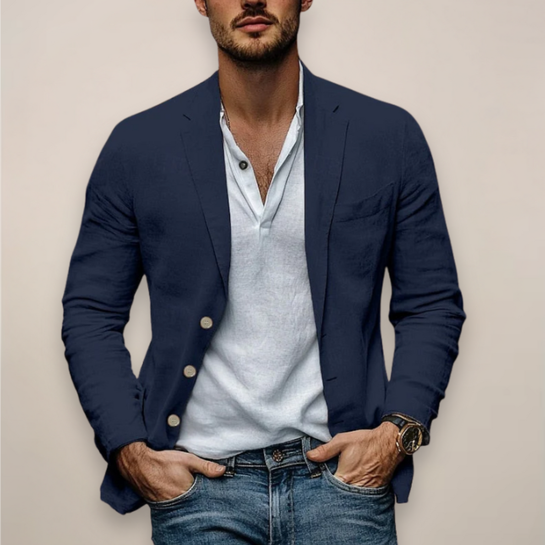 Heren Blazer – Linnen – Relaxed Fit – Notch Revers – Twee Knopen – Semi-Formeel