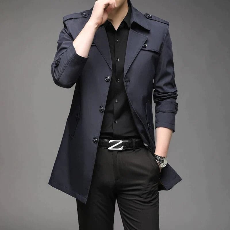Heren trenchcoat – Slim fit – Enkelrijig – Epauletten – Luxe stof – Zakelijk model