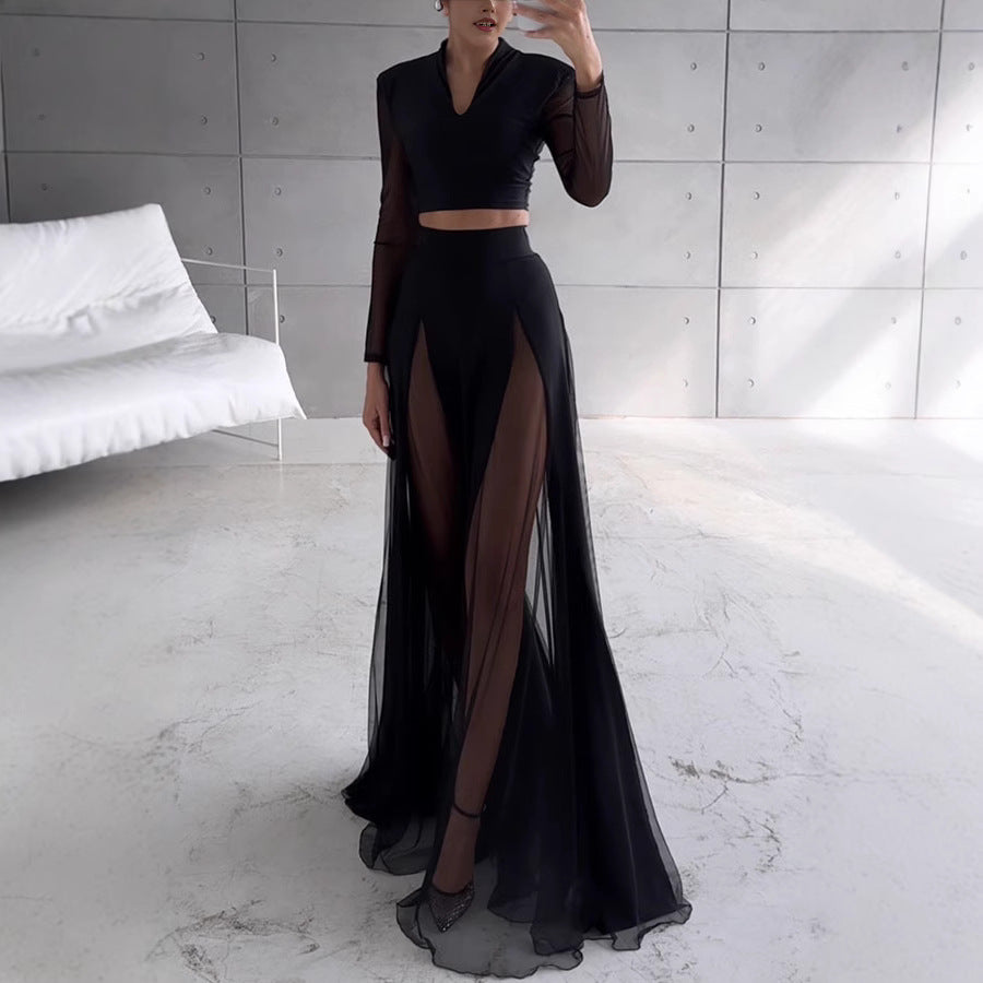 Dames Two-Piece Set – Sheer Mesh – Crop Top met Lange Mouwen – A-Lijn Maxi Rok