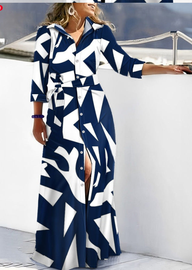 Dames Shirtjurk – Lange Mouw – Getailleerd Model – Abstracte Print – Maxi Lengte