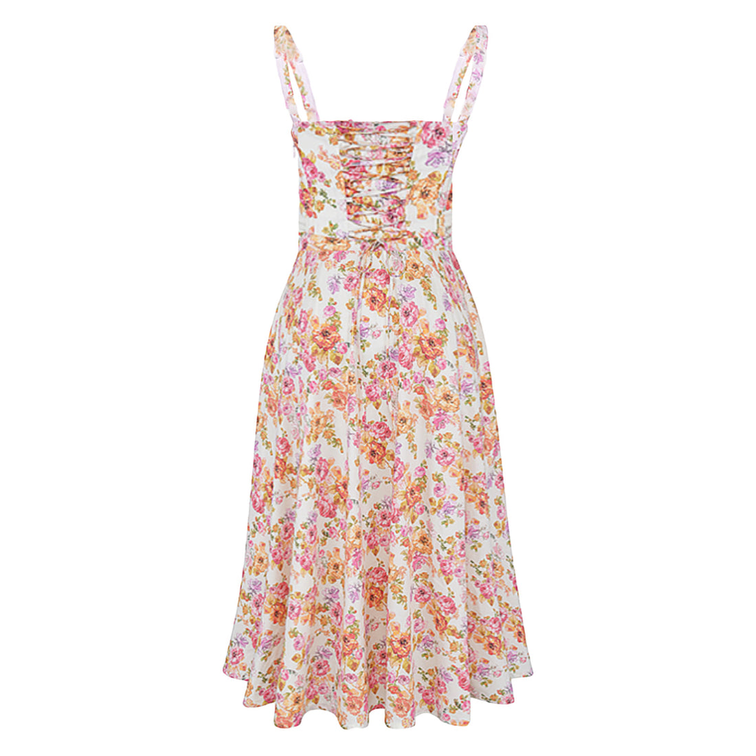 Dames korsetjurk – strik aan de voorkant – brede bandjes – bloemen midi