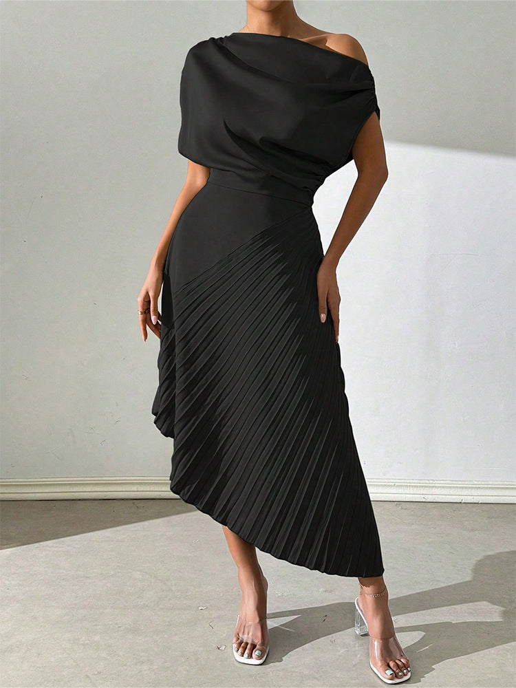 Damer Midi Klänning – Asymmetrisk – En Axel – Figursydd – Plisserad Kjol – Satinlook