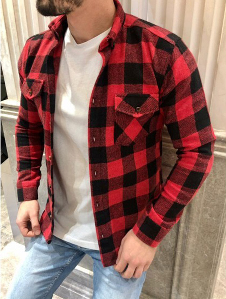 Herrskjorta – Avslappnad Passform – Linne Bomull – Lång Ärm – Rutmönster – Avslappnad