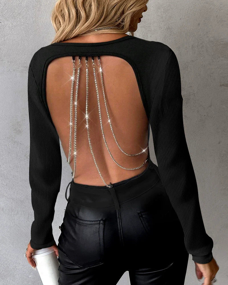Dames Top - Meshstof - Diepe V-hals - Lange Mouwen - Parelketting Achter
