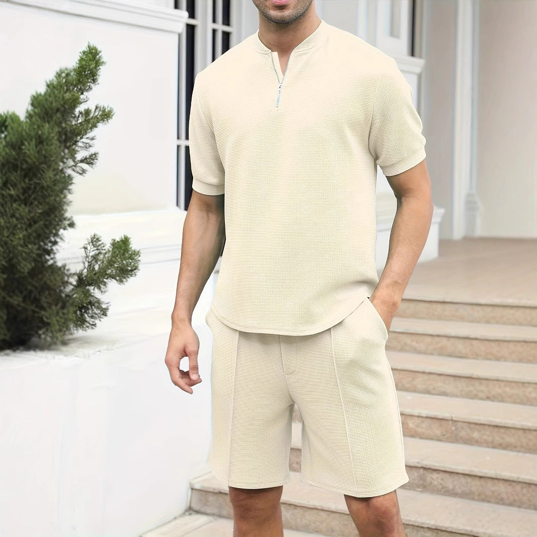Heren Set met Ritstop en Shorts – Relaxed Fit – Wafelstructuur – Ademend Comfort
