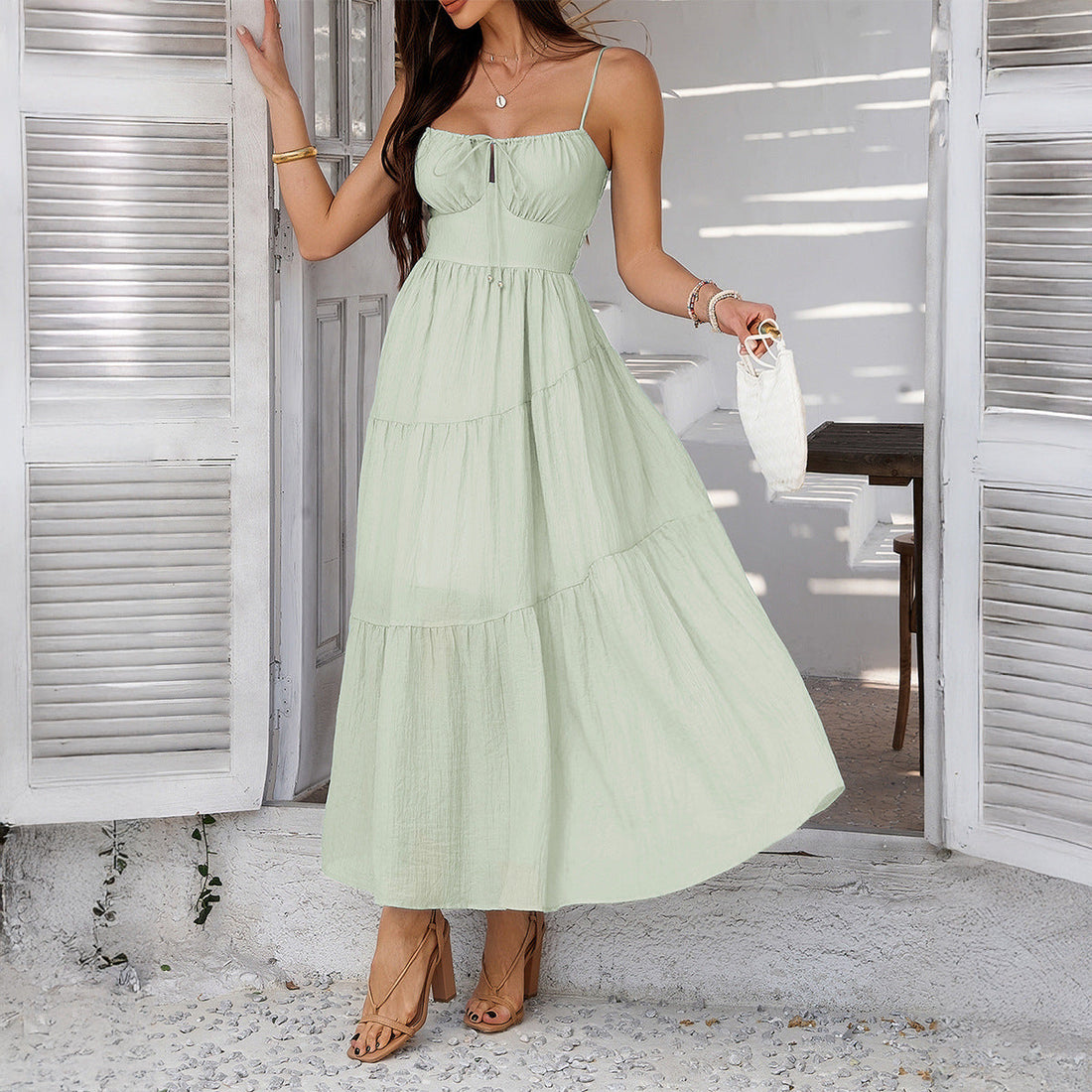 Dames Maxi Jurk – Elegant Fit – Hoge Taille – Gelaagde Rok – Spaghettibandjes
