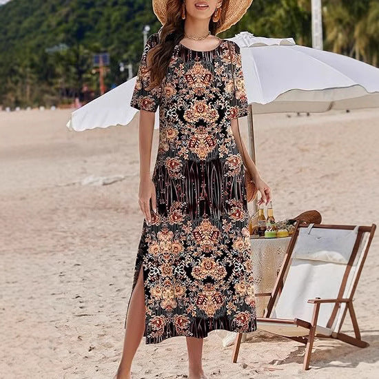 Dames Maxi Jurk – Bohemian Stijl – Bloemenprint – Zijslitsen – Ademende Stof
