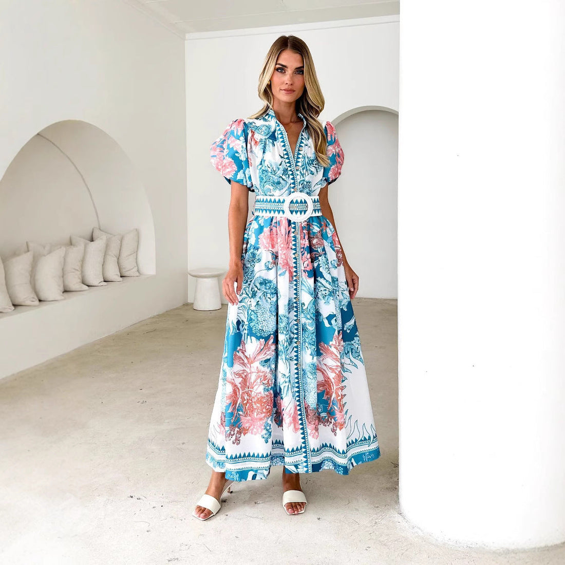 Dames Maxi Jurk – A-lijn Pasvorm – Puff Mouwen – Knoopsluiting – Taille Ceintuur