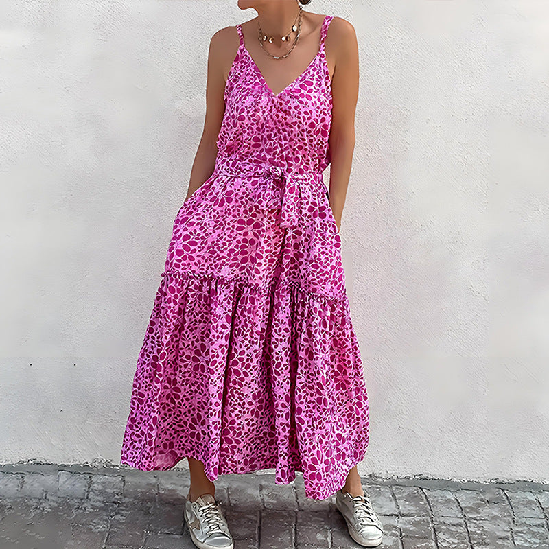 Dames Midi Jurk – V-Hals – Mouwloos – Relaxte Pasvorm – Gelaagde Rok – Taillelint – Printdesign