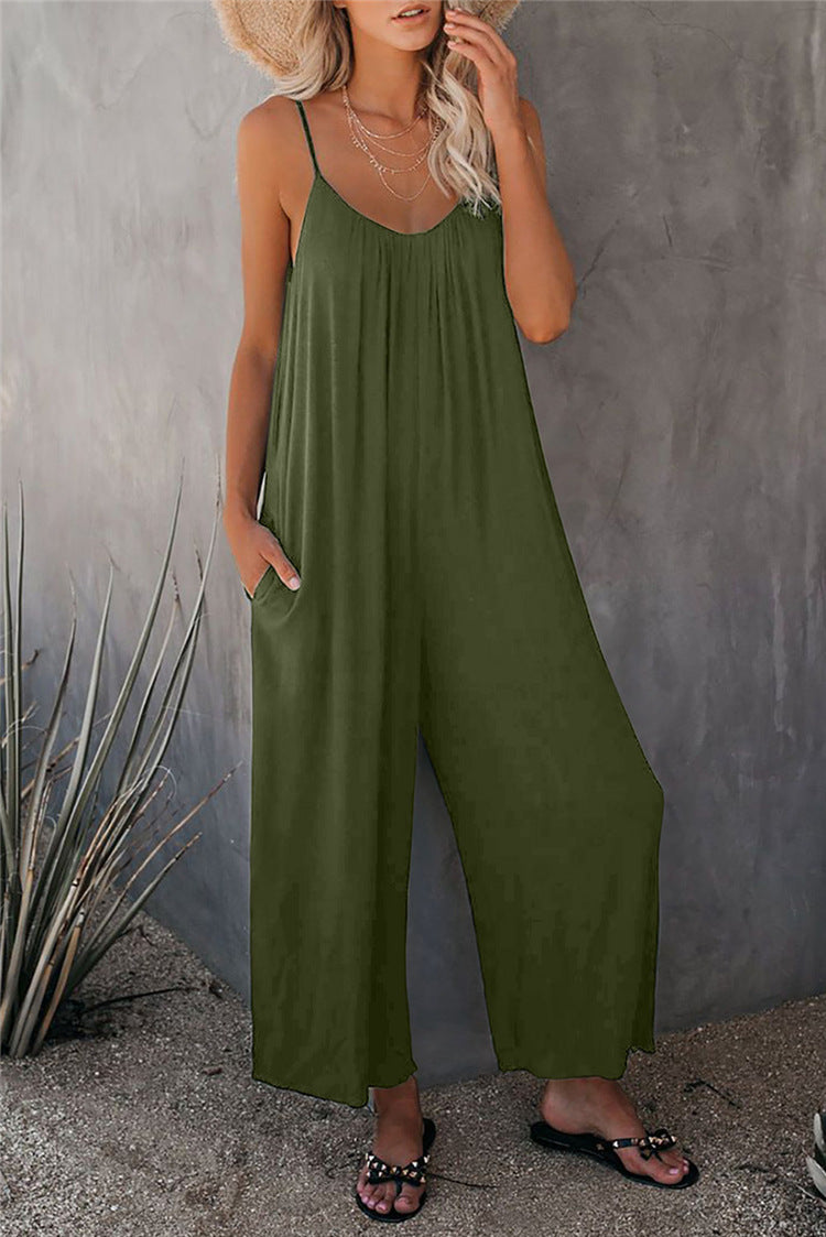 Dam Jumpsuit – Avslappnad Passform – Spagettiband – Andningsbart Material – Full Längd – Med Fickor